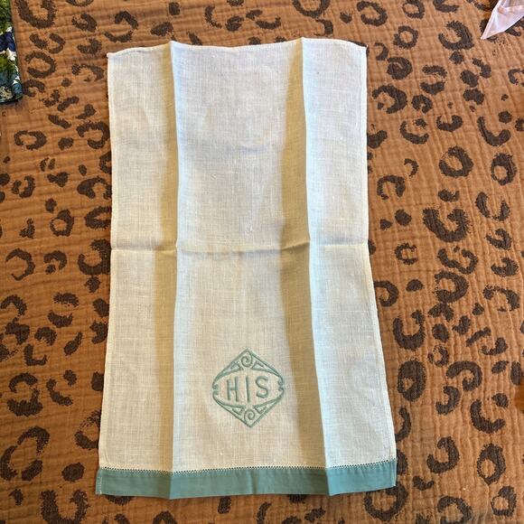 Vintage Linen Towels His Hers Embroidered Fingertip Floral Kitchen Turquoise - Picture 13 of 15